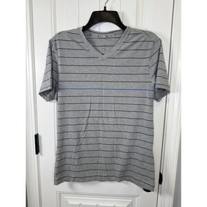 Lululemon Mens V-Neck T-Shirt Medium Grey Striped Minimalist Athleisure Workout